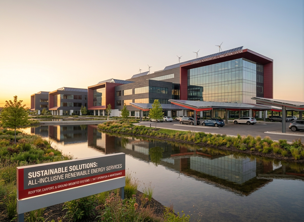 A panoramic view of a completed, contemporary corporate headquarters developed by Ballsbridge Contractors Ltd, featuring a façade of high-performance glass, light stone cladding, and integrated vertical solar panels along selected elevations. The building is set within a landscaped business park that includes a reflective water feature, native planting beds, and discreet paths leading to secondary structures. Discreet rooftop wind turbines and an adjacent field of solar panels indicate on-site generation. Captured at golden hour from a low, slightly oblique angle, warm sunlight glows on the façades while the sky transitions from soft blue to amber. The composition uses the rule of thirds with crisp photographic realism, conveying stability, long-term investment value, and sophisticated energy integration, with no people, logos, or text visible anywhere in the scene.