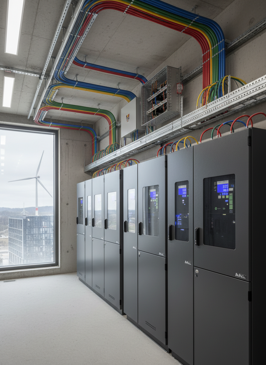A detailed close-up of a partially completed energy control room within a large construction project, showing neatly mounted electrical cabinets, labeled cable trays, and smart meters housed in a clean, unfinished concrete space. Color-coded conduits run in perfectly parallel lines along the ceiling, converging into a central distribution board. A large, sealed window at one side looks out onto a view of a modern commercial building and a distant wind turbine, linking the interior systems to the wider site. Neutral artificial lighting from overhead LED strips creates even illumination with soft, minimal shadows. Shot straight-on with a slightly compressed telephoto perspective, the photographic realism emphasizes precision, reliability, and technical sophistication in energy management infrastructure, aligned with a professional corporate brand and with no people or textual graphics visible.